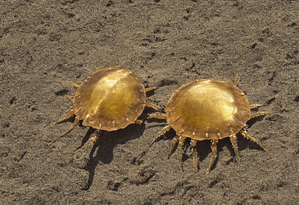 Image similar to A photo of a horseshoe crab made of gold in the beach