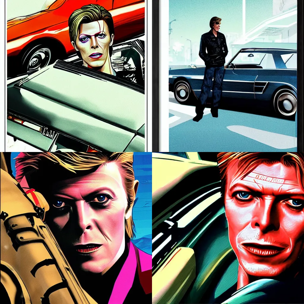 Prompt: close up of david bowie driving in car grand theft auto ssan andreas, highly detailed poster