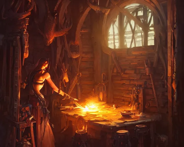 Image similar to blacksmith interior glowing forge many weapons dirty and messy, deep focus, d & d, fantasy, intricate, elegant, highly detailed, digital painting, artstation, concept art, matte, sharp focus, illustration, hearthstone, art by artgerm and greg rutkowski and alphonse mucha