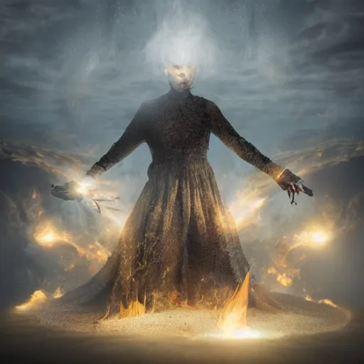 Image similar to extremely realistic Legendary elemental Middle orders Dominions Virtues figure infused with coalesced crystalline fire by Erik Johansson, perfect light