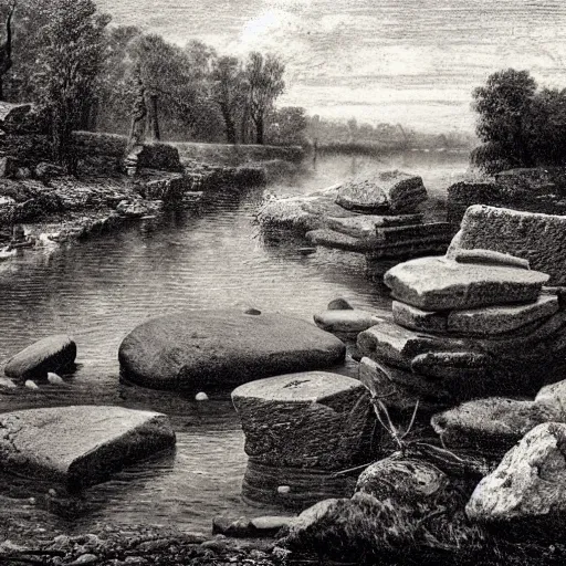 Image similar to detailed footage of european hunger stones in a river, photographic journalism, realistic, european river, 1 6 1 6 writing