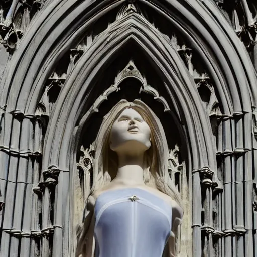 Prompt: architectural shot, no decaying lines, alabaster gothic cathedral, gothic sapphire female statue, intricate arabesque detailed silk dressed, macro head face