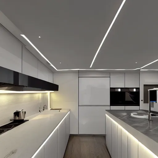 Image similar to modern kitchen with rgb led strip lighting, homes and gardens, wren kithens, super detailed render, award winning,