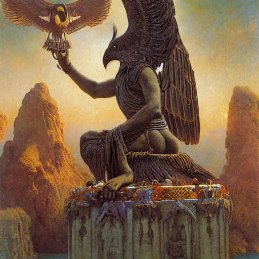 Image similar to giant crow worshipped by buddhist monks, painting by gaston bussiere, craig mullins, j. c. leyendecker, lights, art by ernst haeckel, john william godward, hammershøi,,