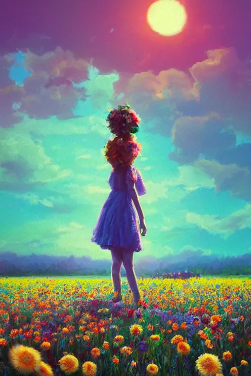 Image similar to closeup, giant flower head, girl standing in a field of flowers, surreal photography, sunrise, blue sky, dramatic light, impressionist painting, digital painting, artstation, simon stalenhag