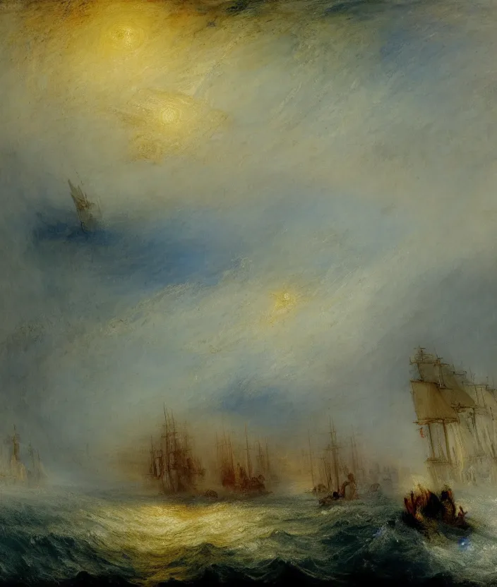 Prompt: Naval battle, Joseph Mallord William Turner highly detailded