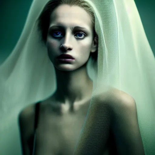 Image similar to portrait of a beautiful ghostly haunting female, depth of field, zeiss lens, detailed, symmetrical, centered, fashion photoshoot, by annie leibovitz and steve mccurry, david lazar, jimmy nelsson, breathtaking, 8 k resolution, extremely detailed, beautiful, establishing shot, artistic, hyperrealistic, beautiful face, octane render