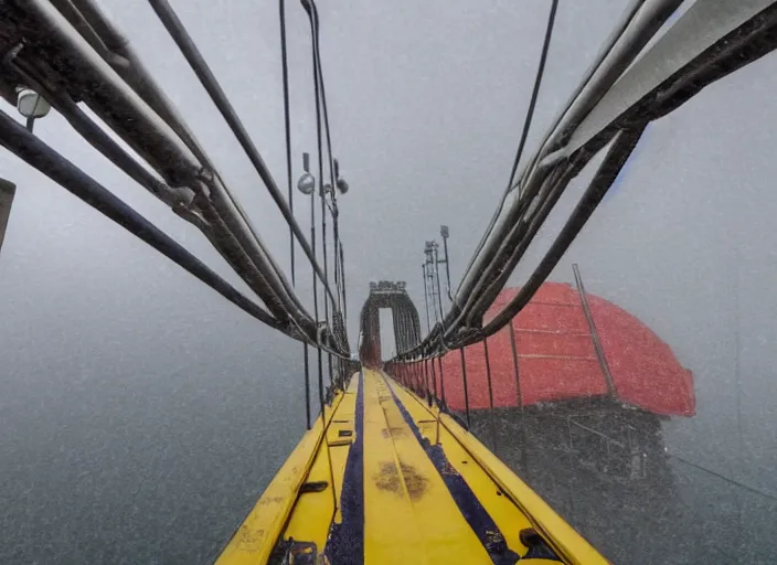 Image similar to Inside the bridge of a ship in a severe storm, emergency