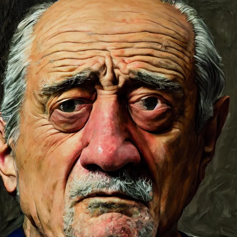 Prompt: close up studio portrait of aging old Robert De Niro age 115 wrinkled angry, impasto oil painting thick brushstrokes by Lucian Freud and Tim Hawkinson and Cy Twombly, trending on artstation Studio lighting Expressionism