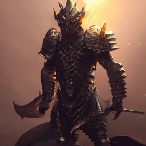 Image similar to epic, a octane render concept art warrior covered with metal dragon armor preparing for combat, by greg rutkowski,, dim lighting, unreal engine 5, concept art ， highly rendered,, digital painting, artstation, concept art, smooth, sharp foccus ， artstation hq
