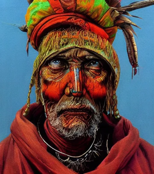 Image similar to Portrait painting in a style of Beksinski of an old shaman dressed in a colorful traditional clothes.