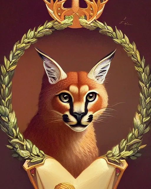 Image similar to a laurel wreath on top of a head of fluffy caracal, photography of kurzgesagt, no people, deep focus, d & d, intricate, elegant, highly detailed, digital painting, artstation, concept art, matte, sharp focus, illustration, hearthstone, art by artgerm and greg rutkowski and alphonse mucha