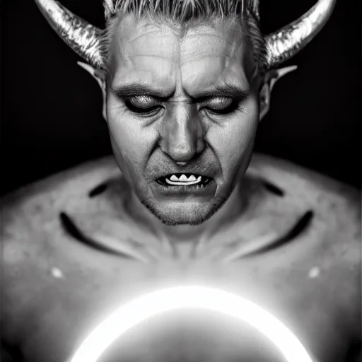 Image similar to photorealistic, iso - 4 0 0, canon eos 5 d mark iv, shot on 7 0 mm, portrait of male archangel bellringer form lexx by lee jeffries and platon silveed skin, flame halo ring over head, demonic, horns, fangs, nd 4, perfect studio lighting