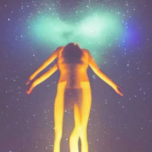 Prompt: a giant beautiful glowing blue woman floating in the night sky