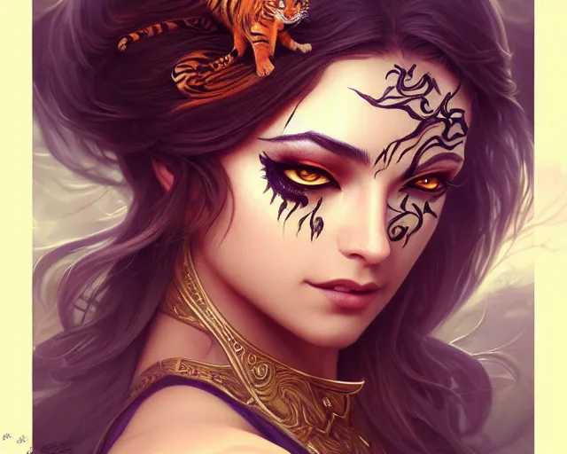 Image similar to eye makeup inspired by a tiger, deep focus, d & d, fantasy, intricate, elegant, highly detailed, digital painting, artstation, concept art, matte, sharp focus, illustration, hearthstone, art by artgerm and greg rutkowski and alphonse mucha