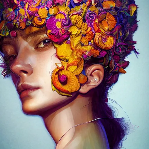 Image similar to the portrait of an absurdly beautiful, graceful, elegant young woman made of bananas and petals looking down, an ultrafine detailed illustration by kim jung gi, irakli nadar, intricate linework, bright colors, octopath traveler, final fantasy, angular, unreal engine 5 highly rendered, global illumination, radiant light, detailed and intricate environment