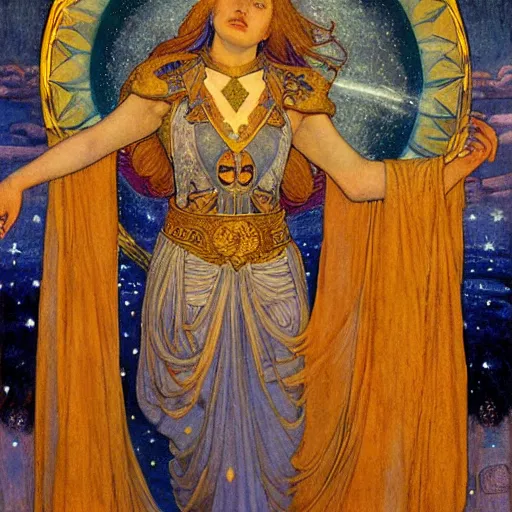 Prompt: queen of the moon with stars in her hair, by nicholas roerich and annie swynnerton and donato giancola and jean delville and dulac, dramatic lighting, god rays, geometric tattoos, rich colors, smooth sharp focus, extremely detailed, leo and diane dillon, adolf wolfli