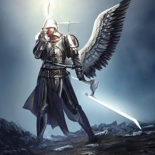Prompt: an archangel soldier holds a white sword above his head and points it towards the sky. The sword channels a beacon of light energy down from the clouds which refracts into many shards of light on the tip of his sword, medieval battlefield, artstation, 8k, incredibly detailed art