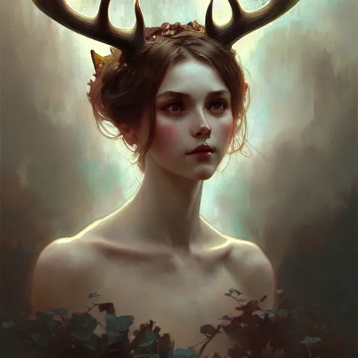 Prompt: A portrait of a girl with large antlers, face, fantasy, intricate, elegant, highly detailed, digital painting, artstation, concept art, smooth, sharp focus, illustration, art by Krenz Cushart and Artem Demura and alphonse mucha
