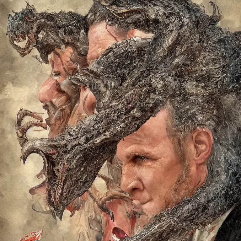 Image similar to two - headed hydra of lerna, jim carey as lloyd christmas beside jeff daniels as harry dunne ( from dumb and dumber ), serpentine water monster, d & d, fantasy, portrait, highly detailed, digital painting, trending on artstation, concept art, sharp focus, illustration, art by artgerm and greg rutkowski and magali villeneuve