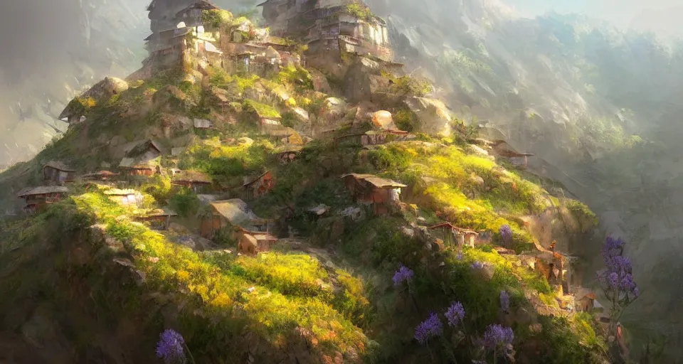 Image similar to natural beauty village on a mountain slope, realistic concept art, eytan zana, one pixel brush, lavander and yellow color scheme, dramatic lighting, concept art, trending on artstation