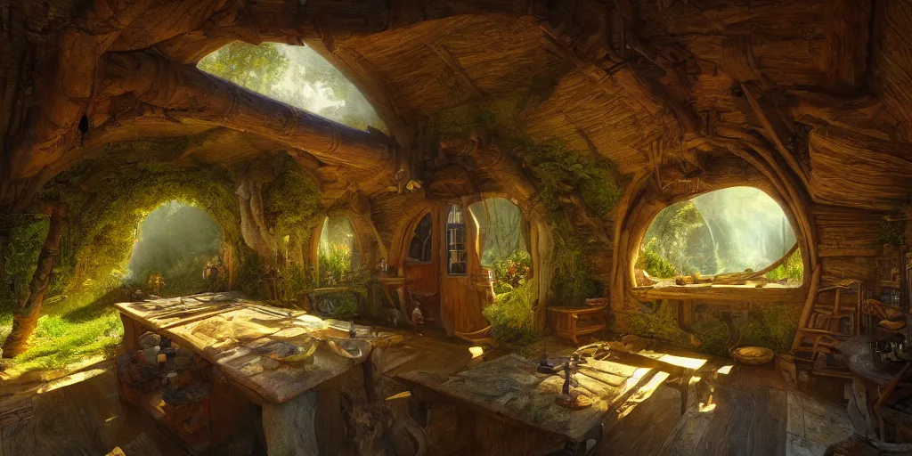 Prompt: Interior of a Hobbit home, golden hour, detailed matte painting, cinematic, Alan Lee, Artstation