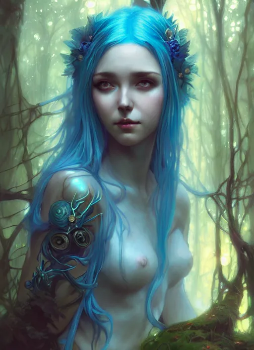 Image similar to stunningly beautiful female blue hair, fantasy art, fae priestess, lush forest landscape, dark light night, sharp focus, digital painting, 4 k, concept art, art by wlop, artgerm, greg rutkowski and alphonse mucha