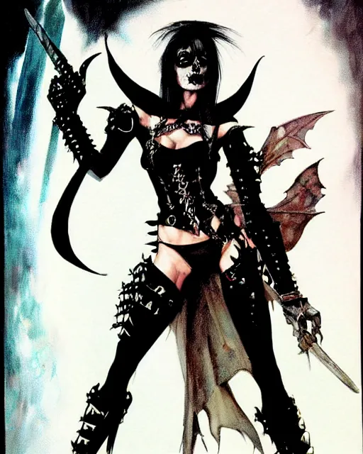 Image similar to portrait of a skinny punk goth sorceress wearing armor by simon bisley, john blance, frank frazetta, fantasy