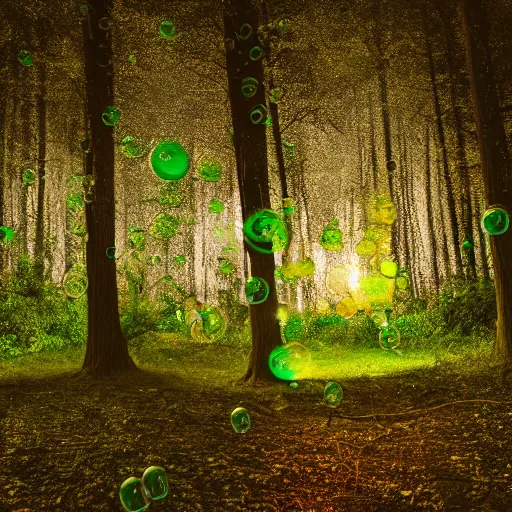 Prompt: professional photograph of a forest filled with glowing bubbles, evening, highly detailed, high quality, award-winning, awe-inspiring, spectacular, 8K, HD