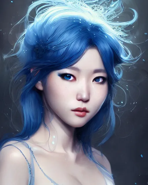 Image similar to stunningly beautiful female blue hair, cute korean actress, dj sura, fantasy art, sharp focus, digital painting, 8 k, concept art, art by wlop, artgerm, greg rutkowski and alphonse mucha