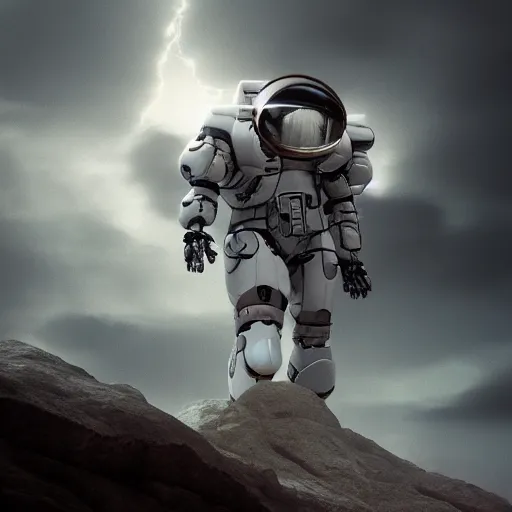 Image similar to cinematic epic portrait of a mecha astronaut walking up the stairs of heaven in clouds alone, octane render, trending on artstation, hyperrealistic, character photography