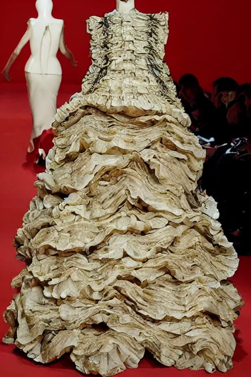 Image similar to haute couture dress made out of lasagna, styled by alexander mcqueen, high details