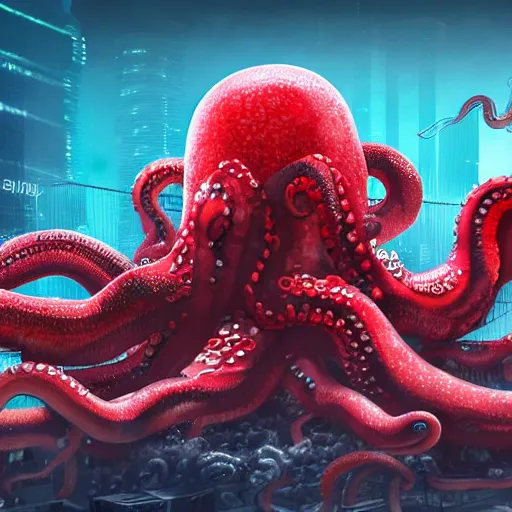 Prompt: Illustration of the Chinese communist party as a dirty octopus with lots of tentacles, dystopian, dirty, cyberpunk, cgsociety, highly detailed, 8k