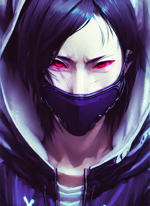 Image similar to cyberpunk anime girl in hoodie, face mask, 3 / 4 shot, street night, grafity, realistic face, beautiful face, grafity, arcane, action, tokyo street, detail, good face, pose model, concept art, in style of yoji shinkawa, pan ren wei, col price, atey ghailan, by greg rutkowski, aesthetic