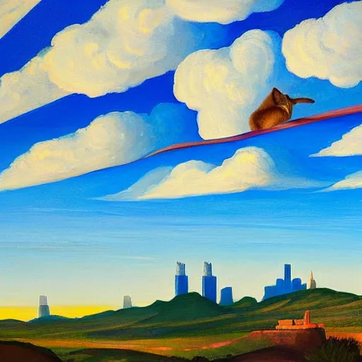 Image similar to a very detailed painting of giant cute fluffy caracal, blue sky with very aesthetic stylized clouds, there is a city with futuristic buildings in the back, there are blue mountains in the back, in the style of edward hopper and hugo pondz, very fine brushstrokes, 4 k,