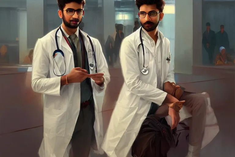 Image similar to Anxious good looking pale young Indian doctors wearing American clothes chatting at the airport, portrait, elegant, intricate, digital painting, artstation, concept art, smooth, sharp focus, illustration, art by artgerm and greg rutkowski and alphonse mucha