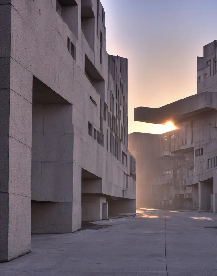 Image similar to brutalist architecture streetscapes stunning volumetric lighting sunset