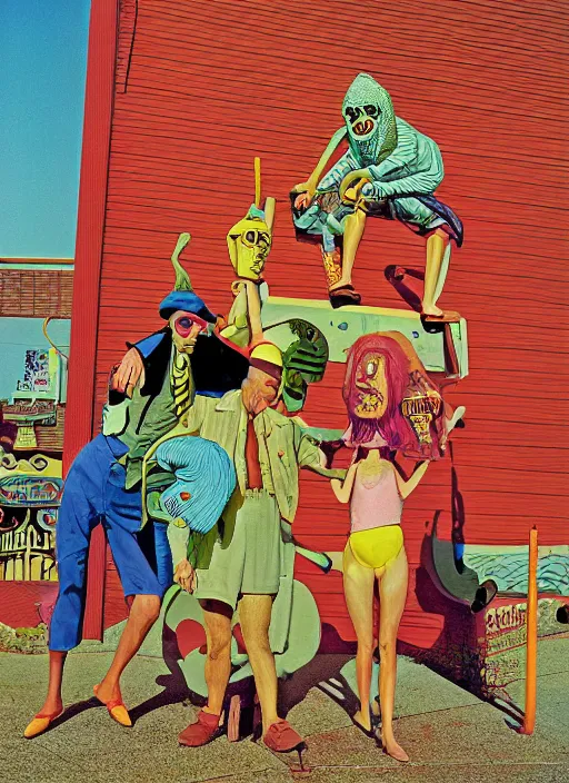 Image similar to dramatic color photo of dadcore occult wizards on vacation by basil wolverton by robert crumb by william eggleston, detailed and creepy, fujifilm velvia 5 0, color photography, sigma 2 8 mm