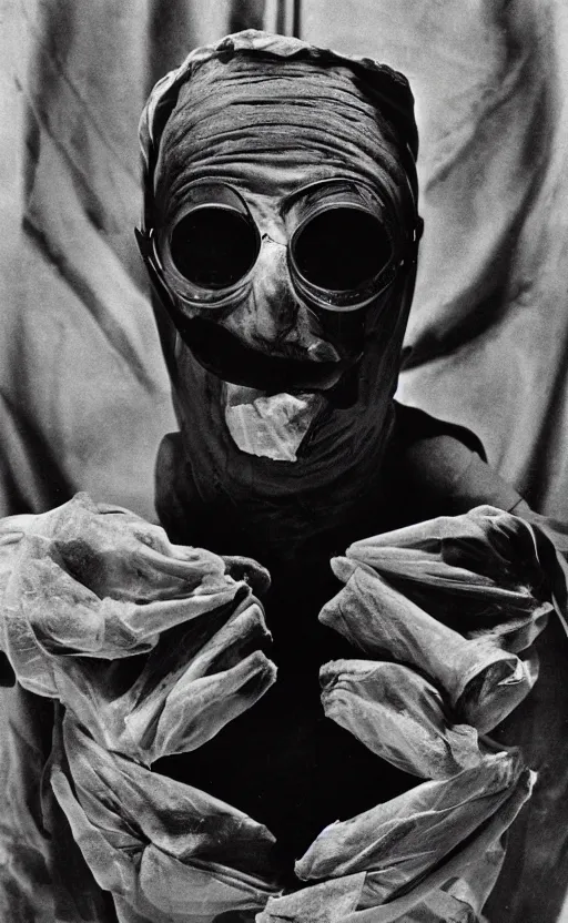 Prompt: kodak portra 4 0 0, wetplate, narrow shot, award - winning black and white portrait by britt marling of claude rains as the 1 9 3 3 film the invisible man wrapped in bandages monster taking a selfie in a stone lab, creepy, universal horror movie,