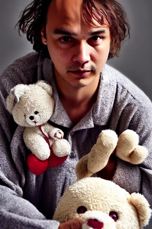 Image similar to frank dillane wearing pajamas with feet and holding a teddy bear, sleepy, adorable, cute, intricate, detailed, trending on artstation, coherent