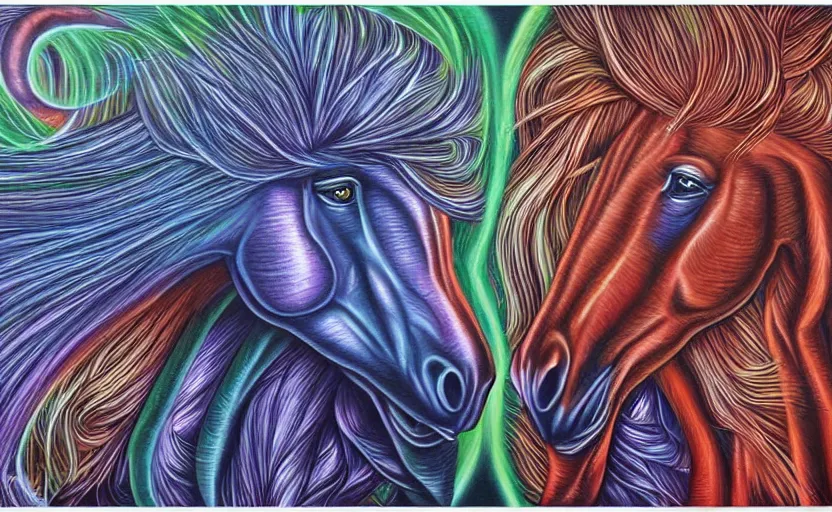 Image similar to a Photorealistic dramatic hyperrealistic horse by Alex Grey