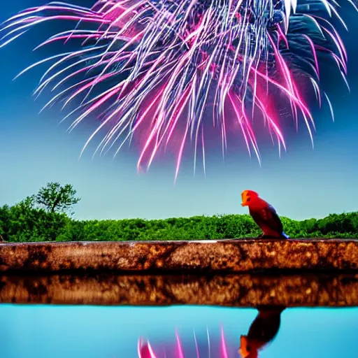 Image similar to lovebird watching fireworks show at a lake, reflective, sunny day, landscape photography, nature, stones