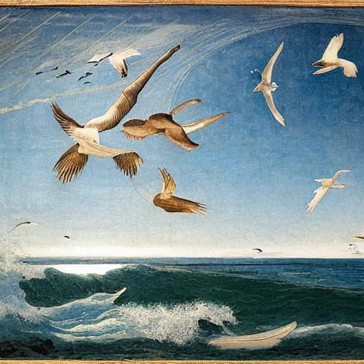 Image similar to A beautiful land art of a blue ocean with waves crashing against the shore. The sun is shining brightly and there are seagulls flying in the sky. golden by Ayami Kojima, by Philippe de Champaigne, by Richard Dadd chaotic