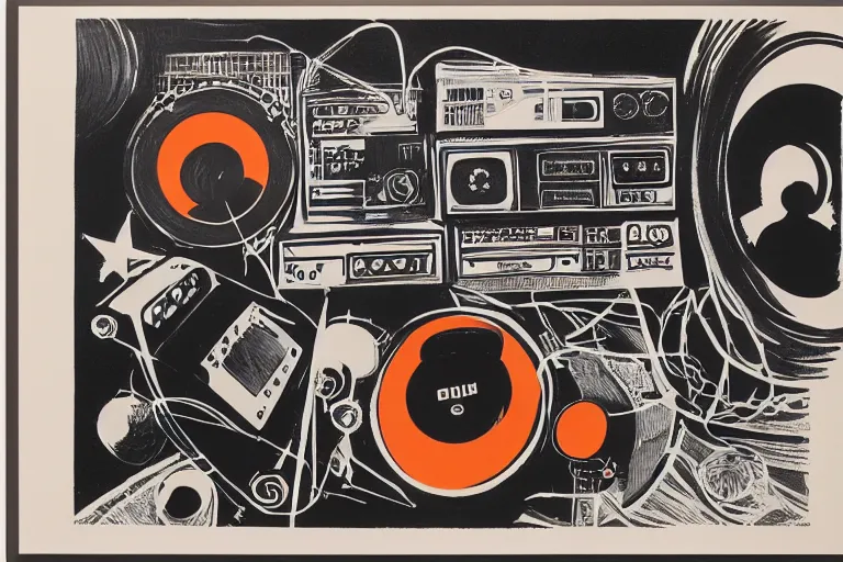 Prompt: a dark retro 1967 gouache illustration of a time traveling sound system