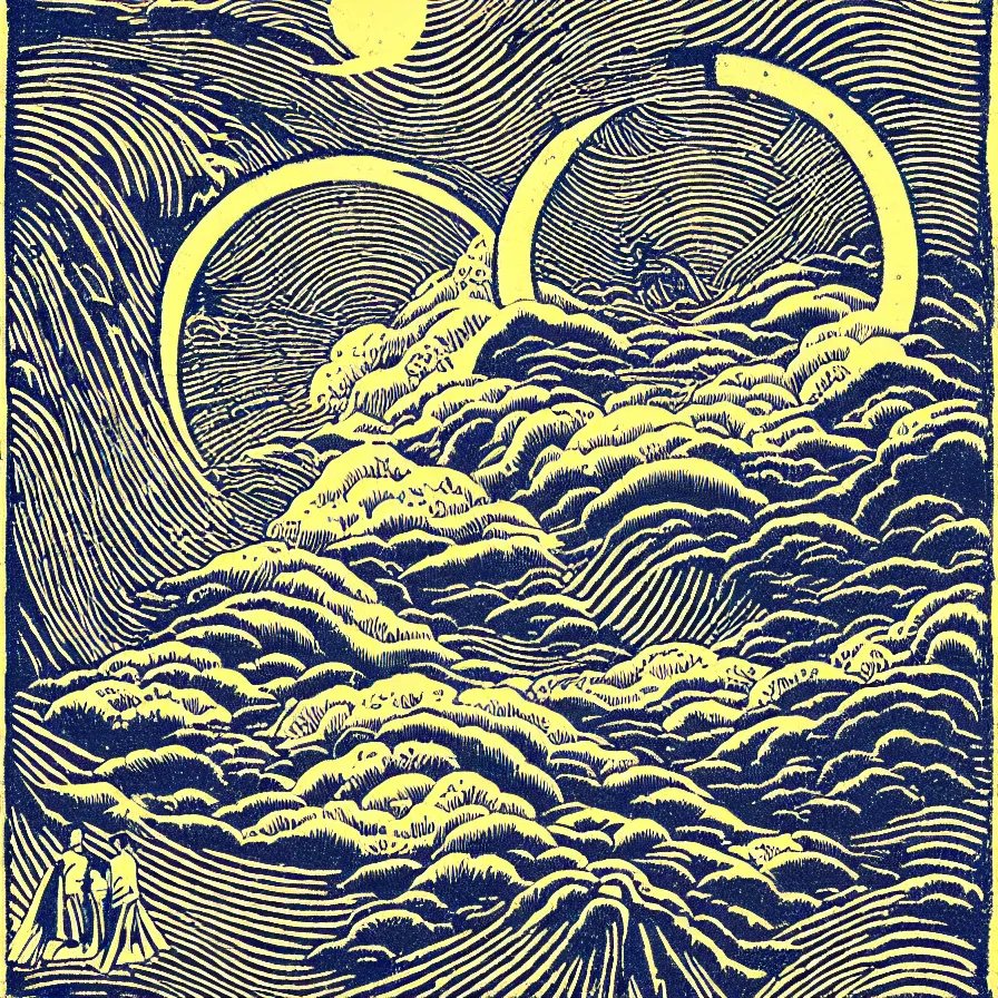 Prompt: symbolism artwork woodblock print for the atmospheric indie music album titled :'road of infinite hopes '.