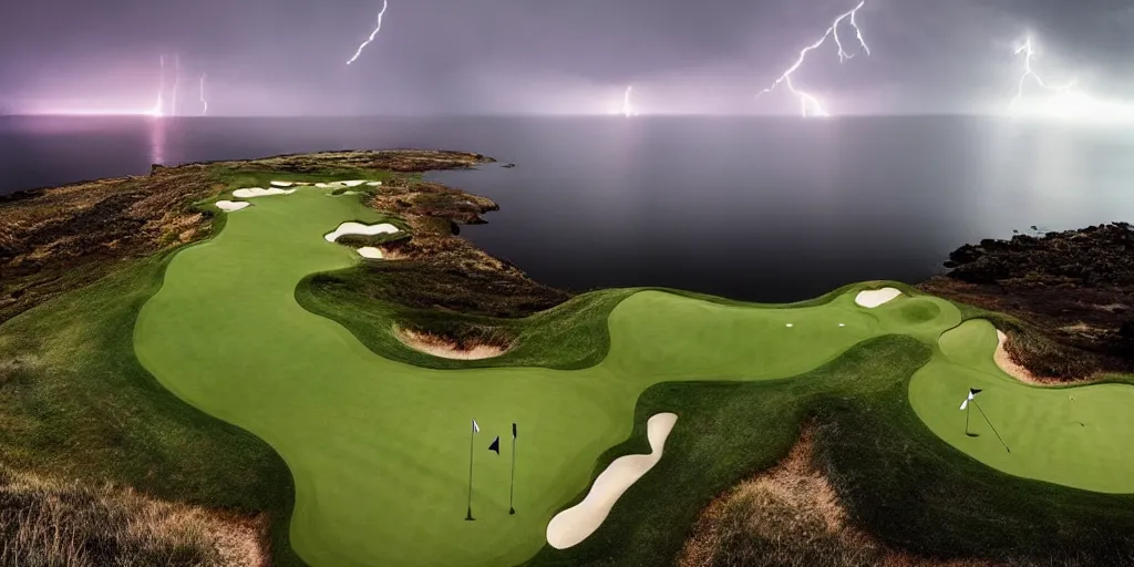 Image similar to a great photograph of the most amazing golf hole in the world, surrounded by water, giant ship wreck, lightning storm, ambient light, golf digest, top 1 0 0, fog