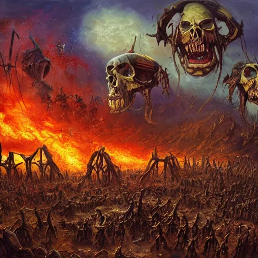 Prompt: brutal war on extraterrestrial battlefield, between extraterrestrial warlords, piles of skulls, bloody banners, fire, on ancient post - apocalyptic planet, jim henson creature shop, vivid and colorful, thomas kincaid, cinematic, oil painting, highly detailed, illustration