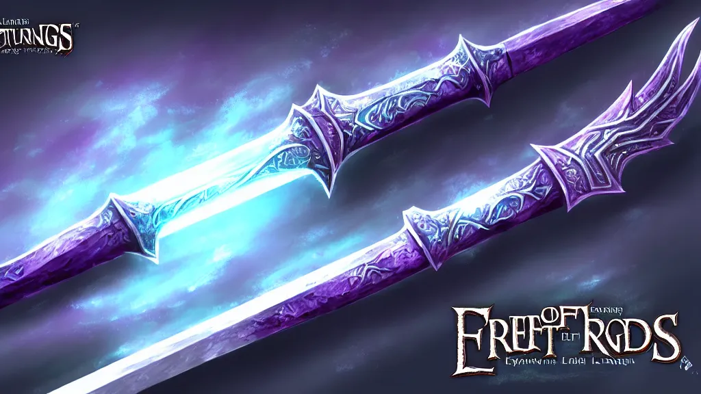 Image similar to 3 feet long broad sword, frostmourne, purple glowing inscription, 8 k, 4 k, concept art, digital painting, game concept art, lord of the rings, fantasy setting