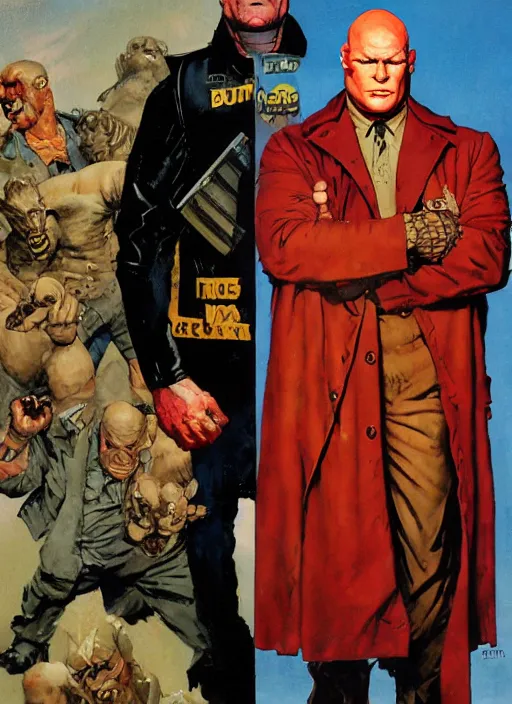 Image similar to full body and head portrait of brock lesnar as a mutant villain wearing a trench coat, painted by norman rockwell and phil hale and greg staples and tom lovell and frank schoonover and jack kirby