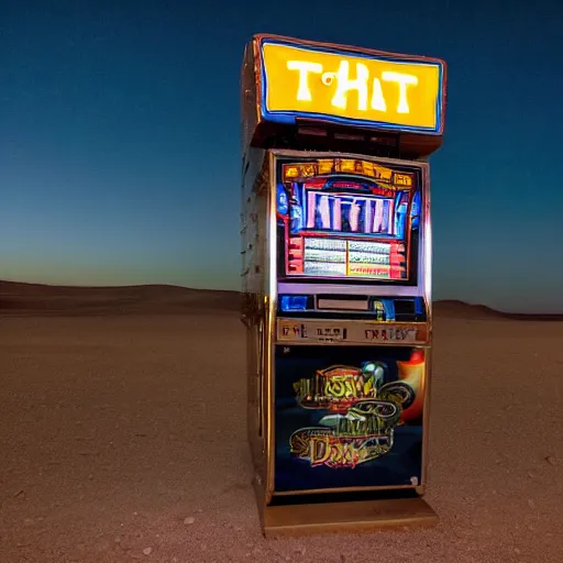 Prompt: a slot machine in the middle of a desert at night, wide shot, liminal space,